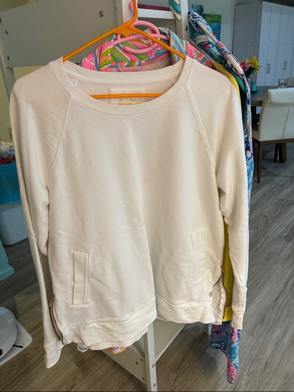 Cream Crewneck Sweatshirt with Side Zippers